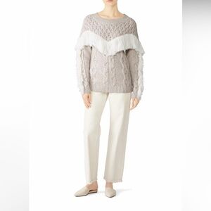AMUR Ulla Fringe Sweater Size M&L Beige Long Sleeve Cable Knit Merino Wool